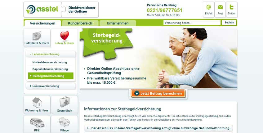 Webseite der Asstel Sterbeversicherung